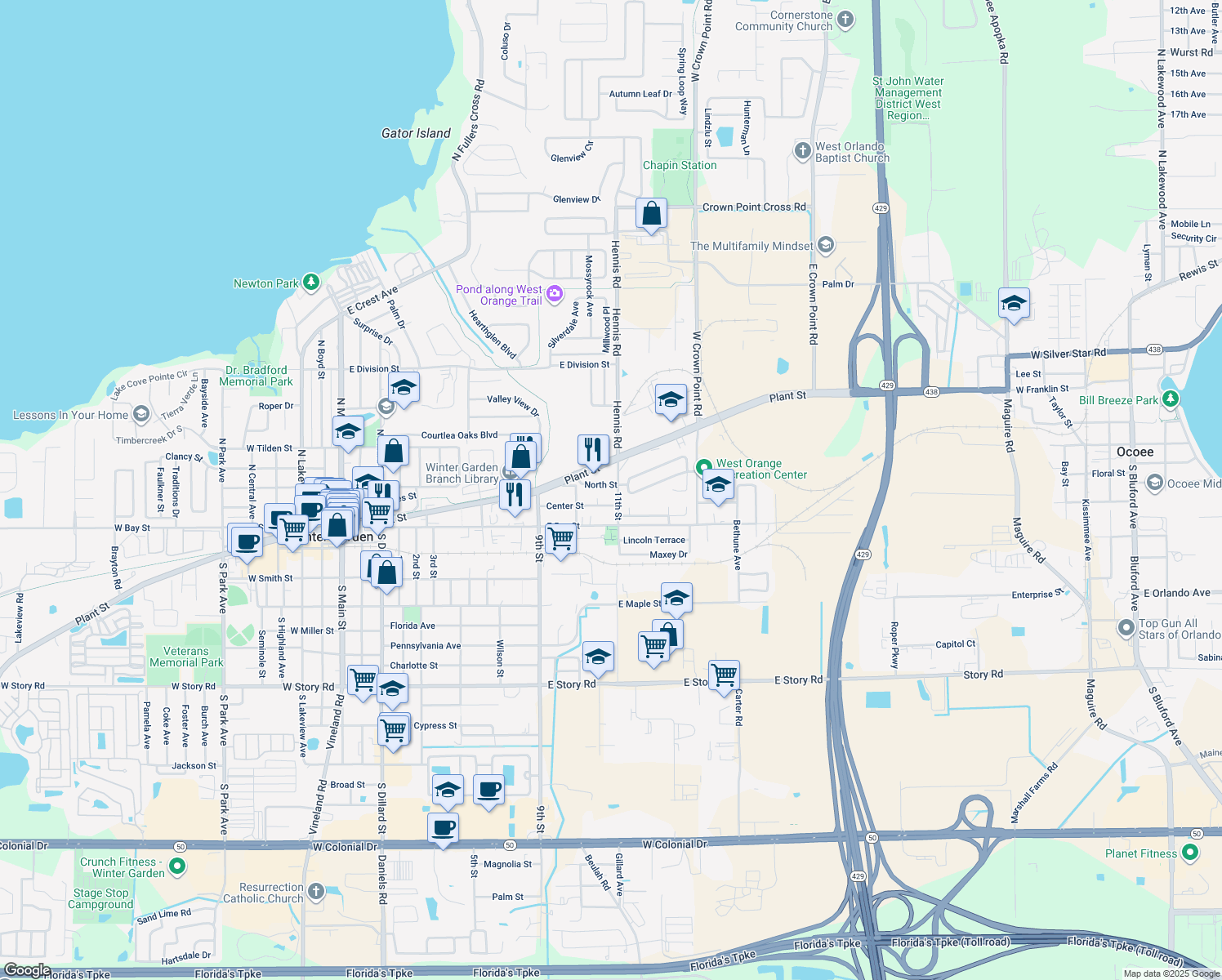 map of restaurants, bars, coffee shops, grocery stores, and more near 216 North Street in Winter Garden