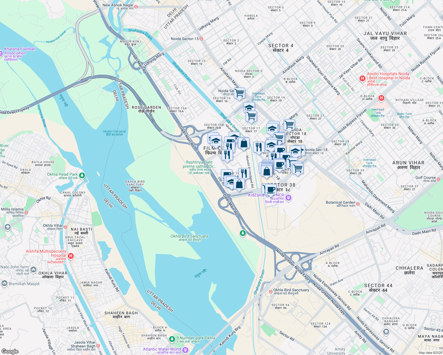 map of restaurants, bars, coffee shops, grocery stores, and more near in Noida