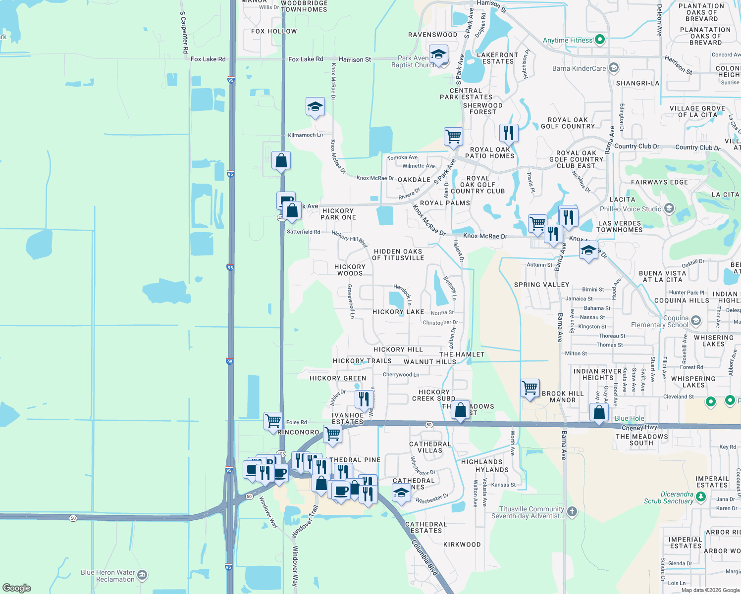 map of restaurants, bars, coffee shops, grocery stores, and more near 2925 Kelley Street in Titusville