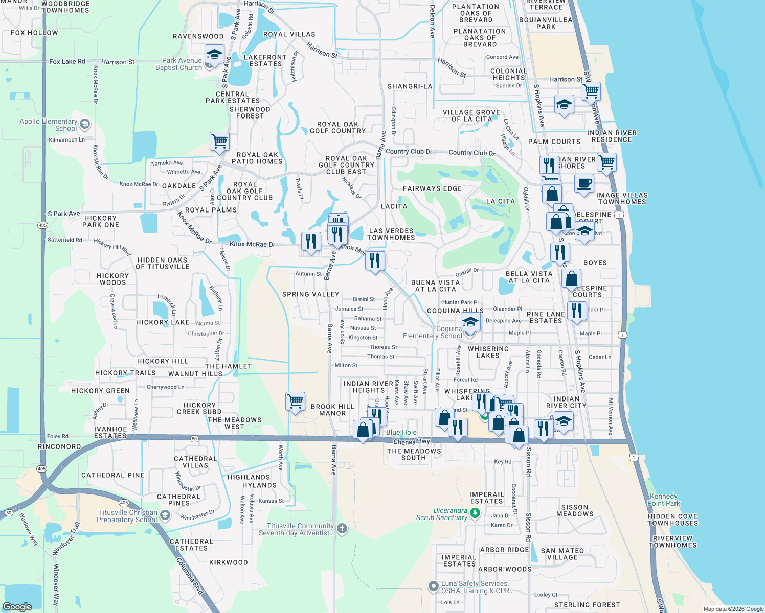 map of restaurants, bars, coffee shops, grocery stores, and more near 1500 Jamaica St in Titusville