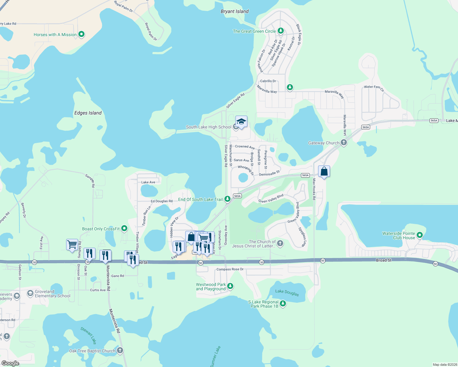 map of restaurants, bars, coffee shops, grocery stores, and more near 1433 Whooping Drive in Groveland