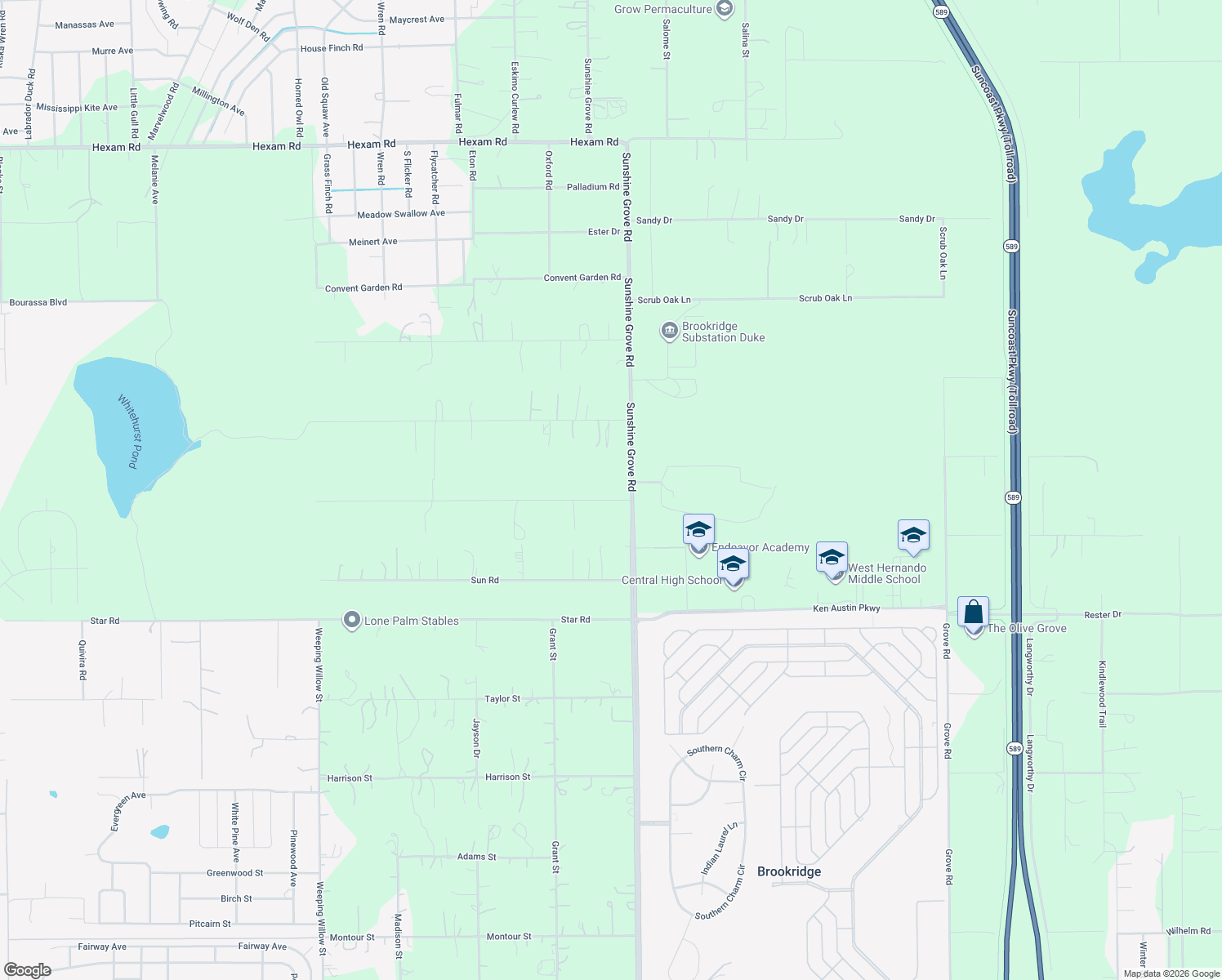 map of restaurants, bars, coffee shops, grocery stores, and more near 10135 Sunshine Grove Road in Brooksville