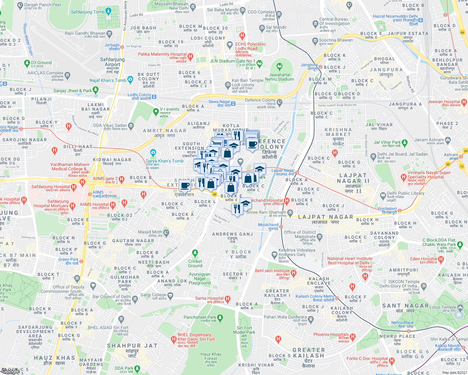 map of restaurants, bars, coffee shops, grocery stores, and more near C-512 Chhattarsal Vithi Road in New Delhi