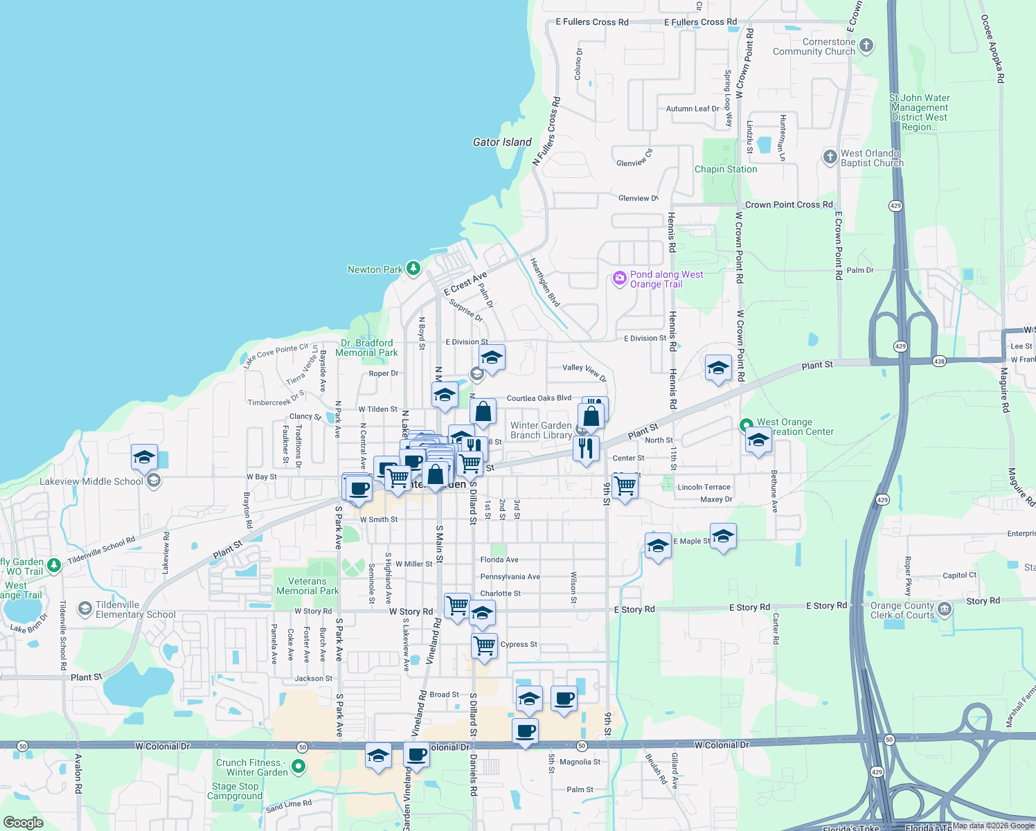map of restaurants, bars, coffee shops, grocery stores, and more near 278 Gary Drive in Winter Garden