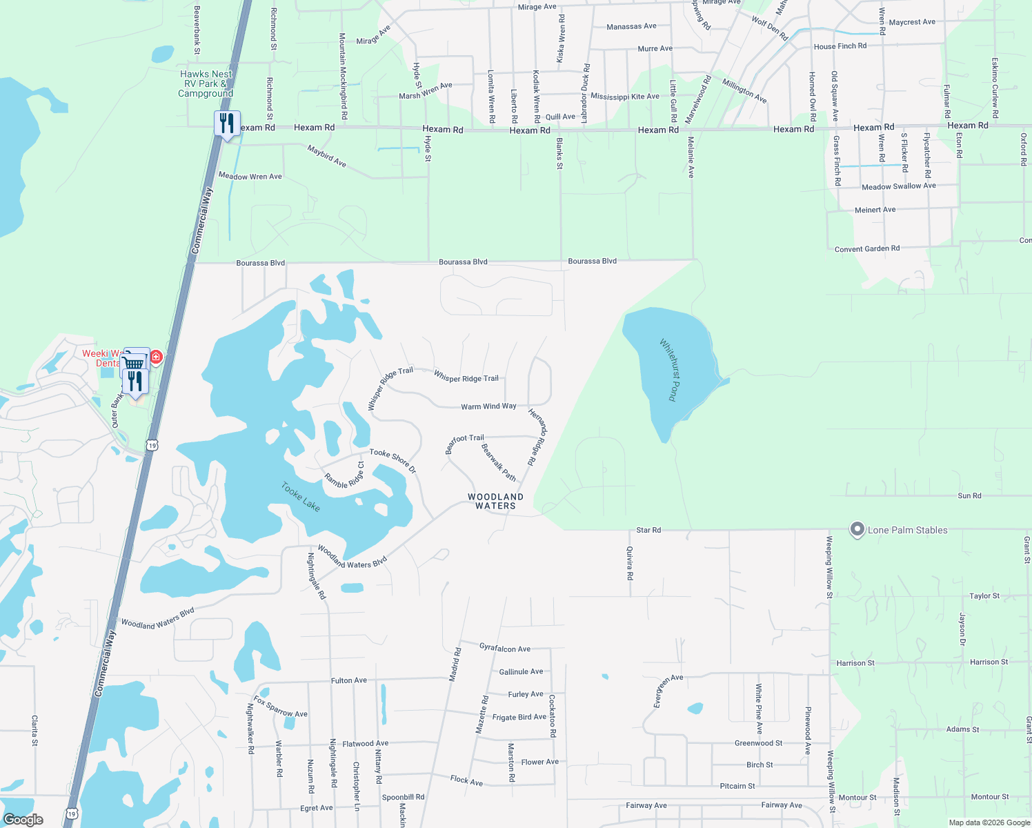 map of restaurants, bars, coffee shops, grocery stores, and more near 11284 Warm Wind Way in Weeki Wachee