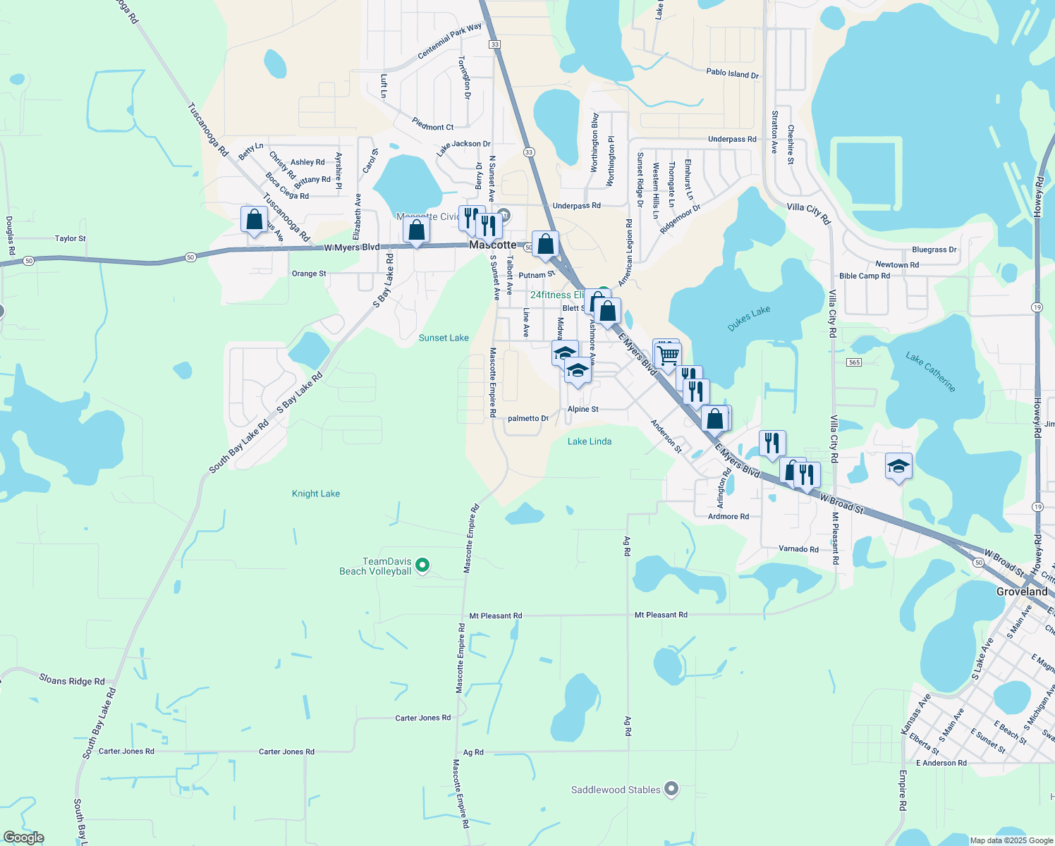 map of restaurants, bars, coffee shops, grocery stores, and more near 610 Palmetto Dr in Mascotte