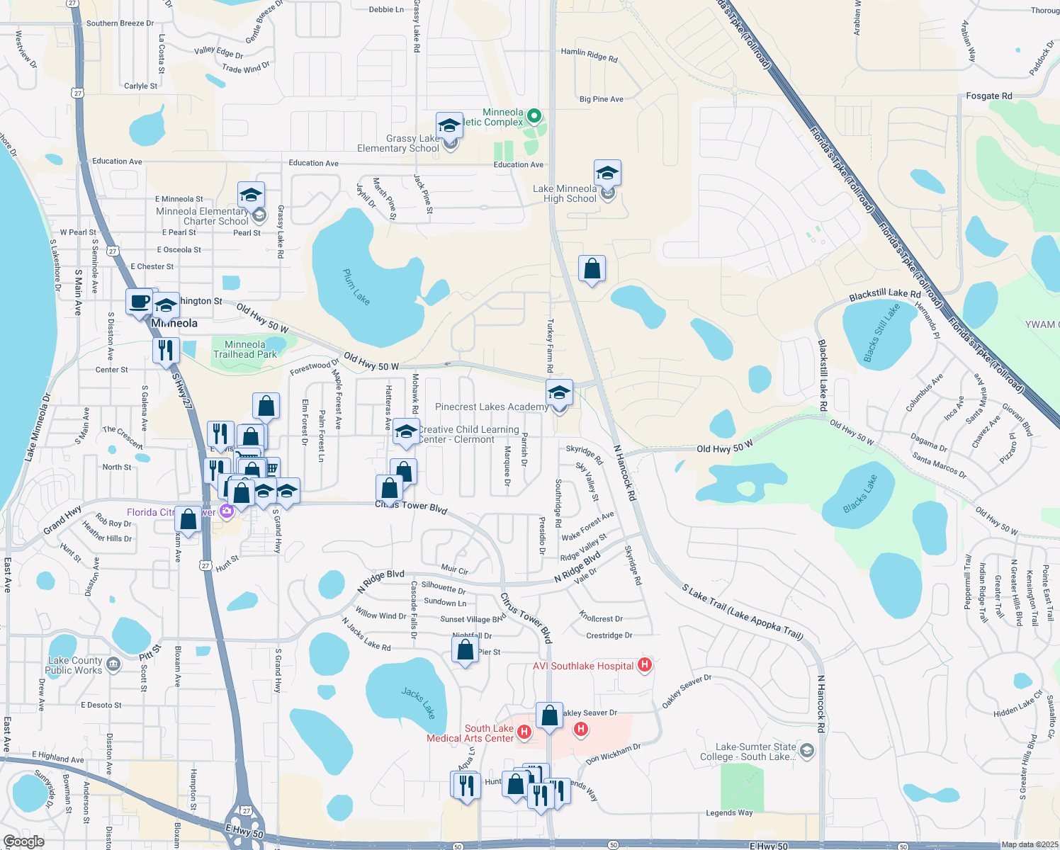 map of restaurants, bars, coffee shops, grocery stores, and more near 839 Parrish Drive in Minneola