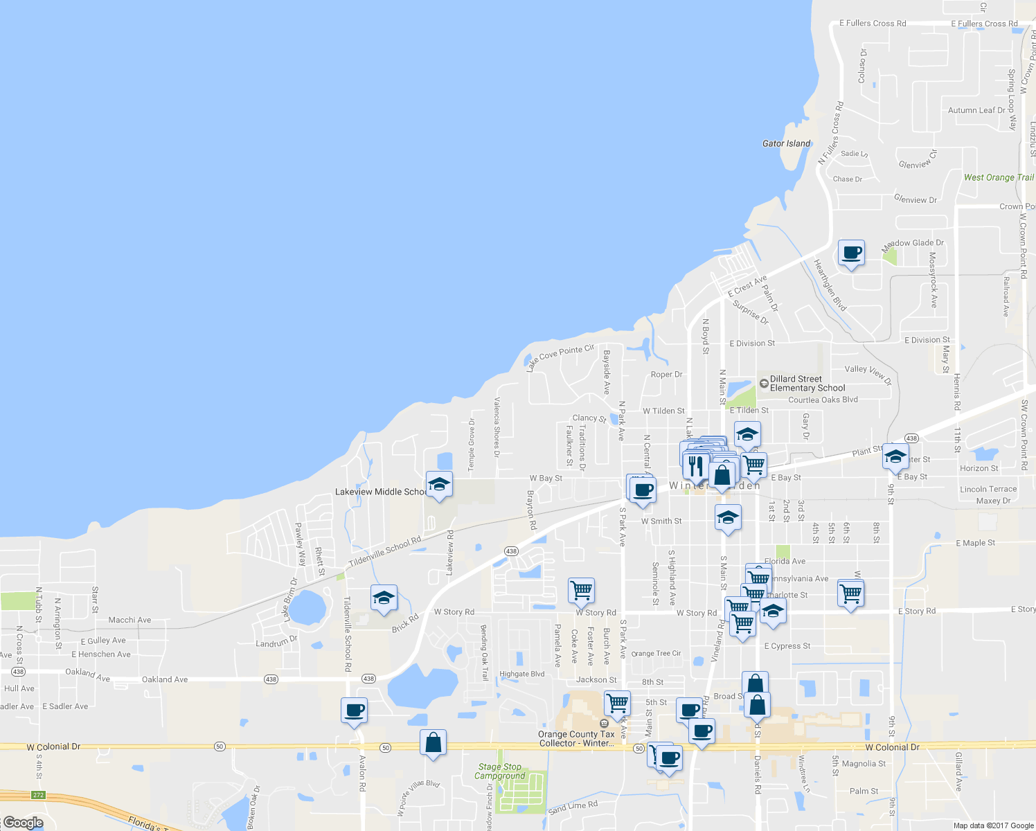 map of restaurants, bars, coffee shops, grocery stores, and more near 221 Valencia Court in Winter Garden