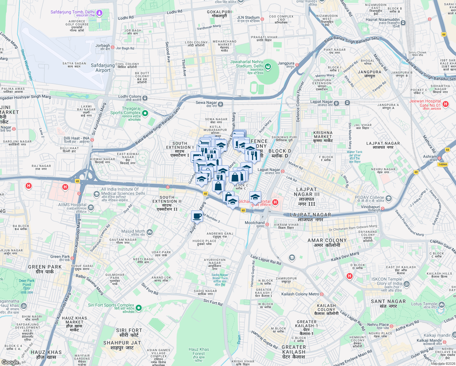 map of restaurants, bars, coffee shops, grocery stores, and more near C-512 Chhattarsal Vithi Road in New Delhi