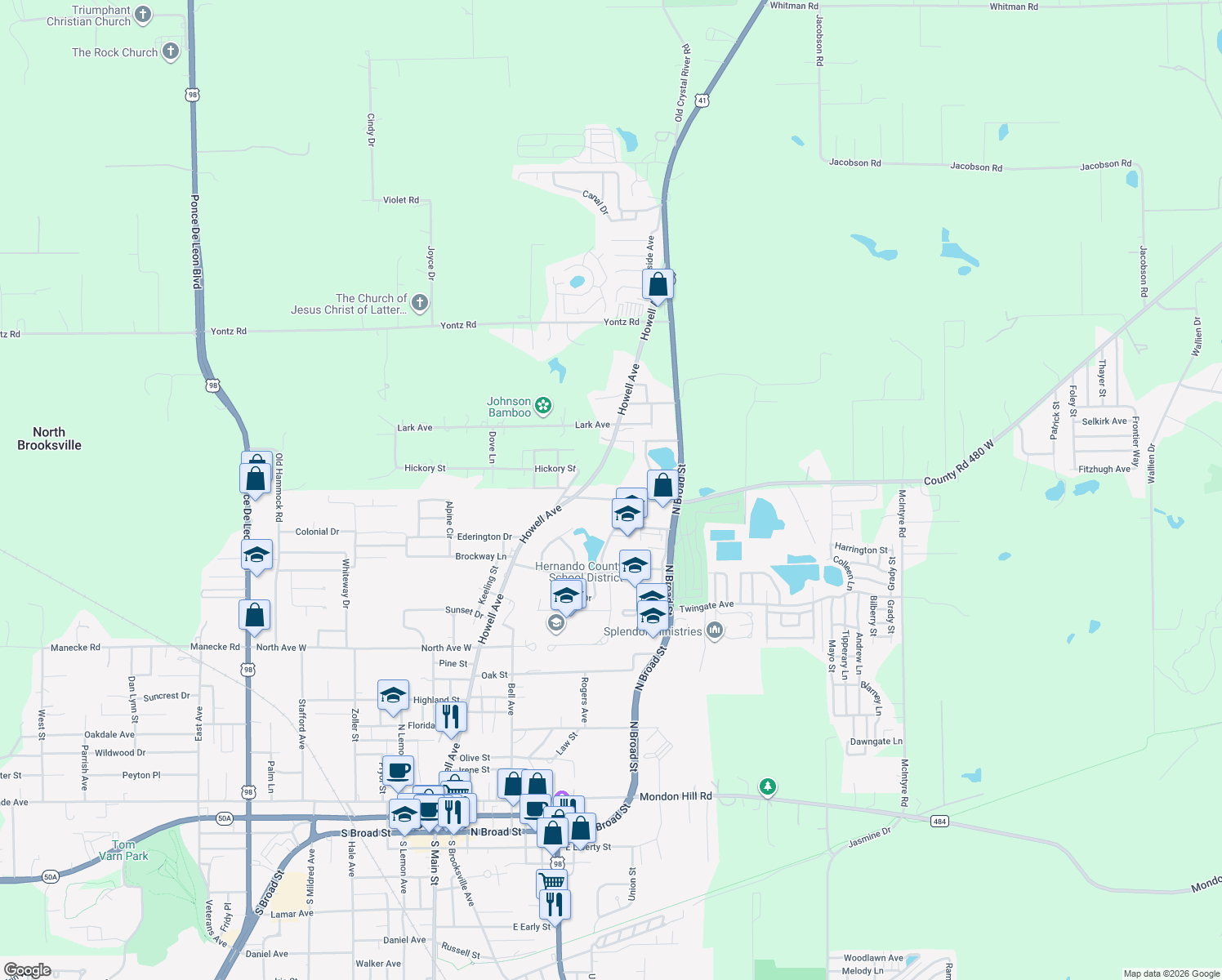 map of restaurants, bars, coffee shops, grocery stores, and more near 15 Croom Road in Brooksville
