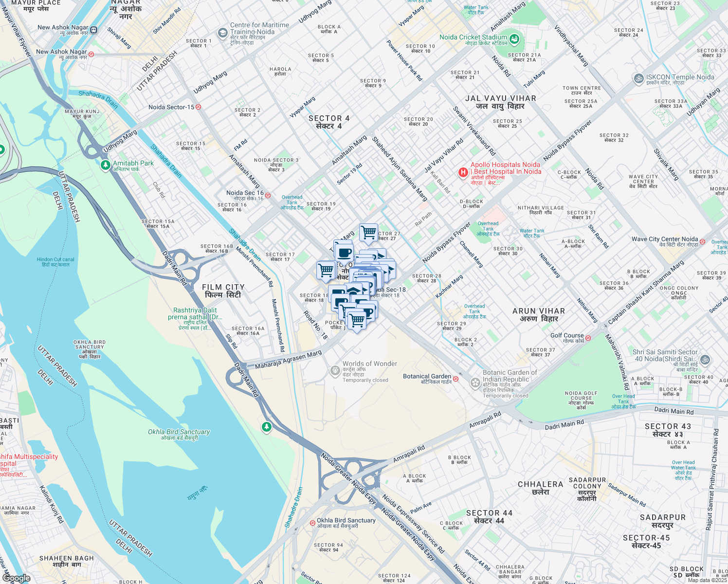 map of restaurants, bars, coffee shops, grocery stores, and more near 22 Captain Vijyant Thapar Marg in Noida