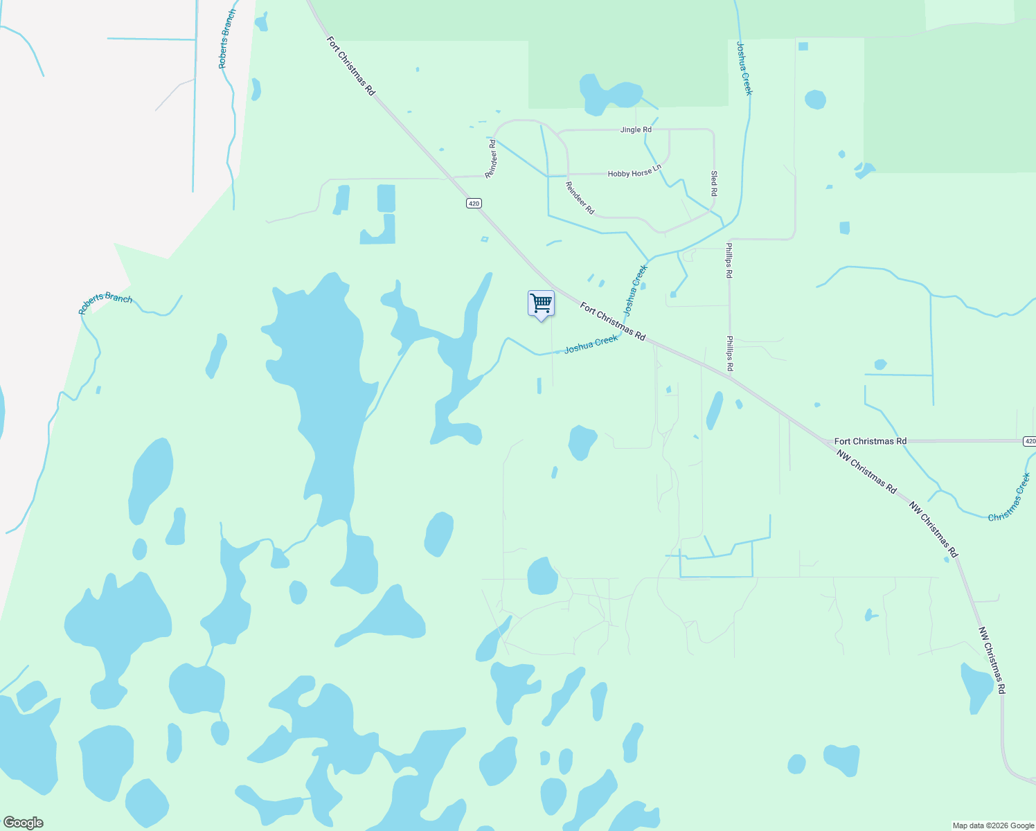 map of restaurants, bars, coffee shops, grocery stores, and more near 21280 Fort Christmas Road in Christmas