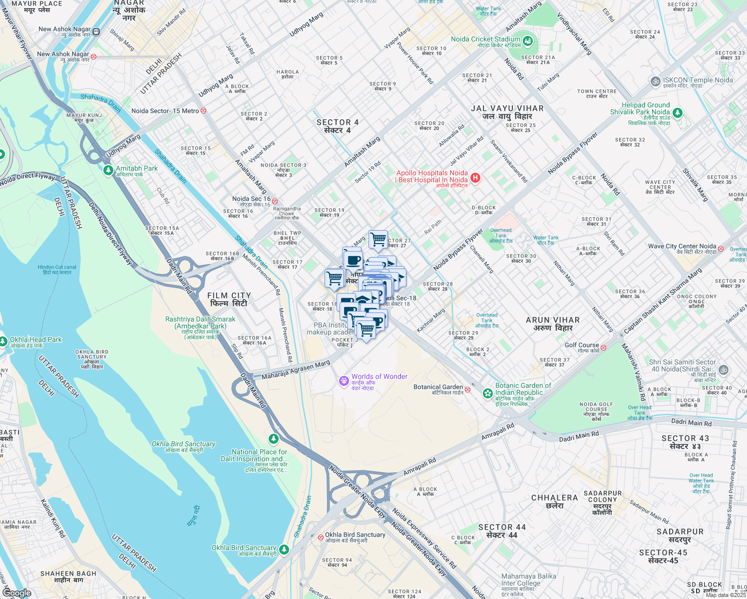 map of restaurants, bars, coffee shops, grocery stores, and more near Captain Vijyant Thapar Marg in Noida