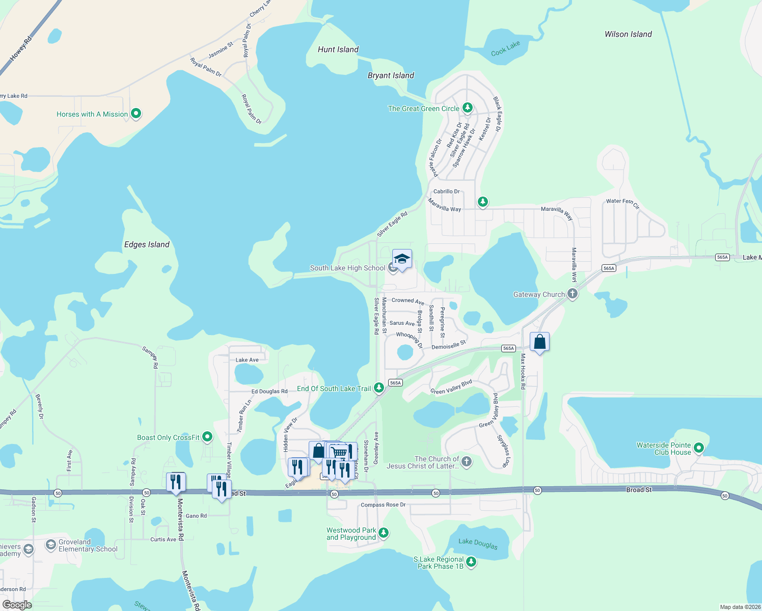 map of restaurants, bars, coffee shops, grocery stores, and more near 1741 Manchurian Street in Groveland