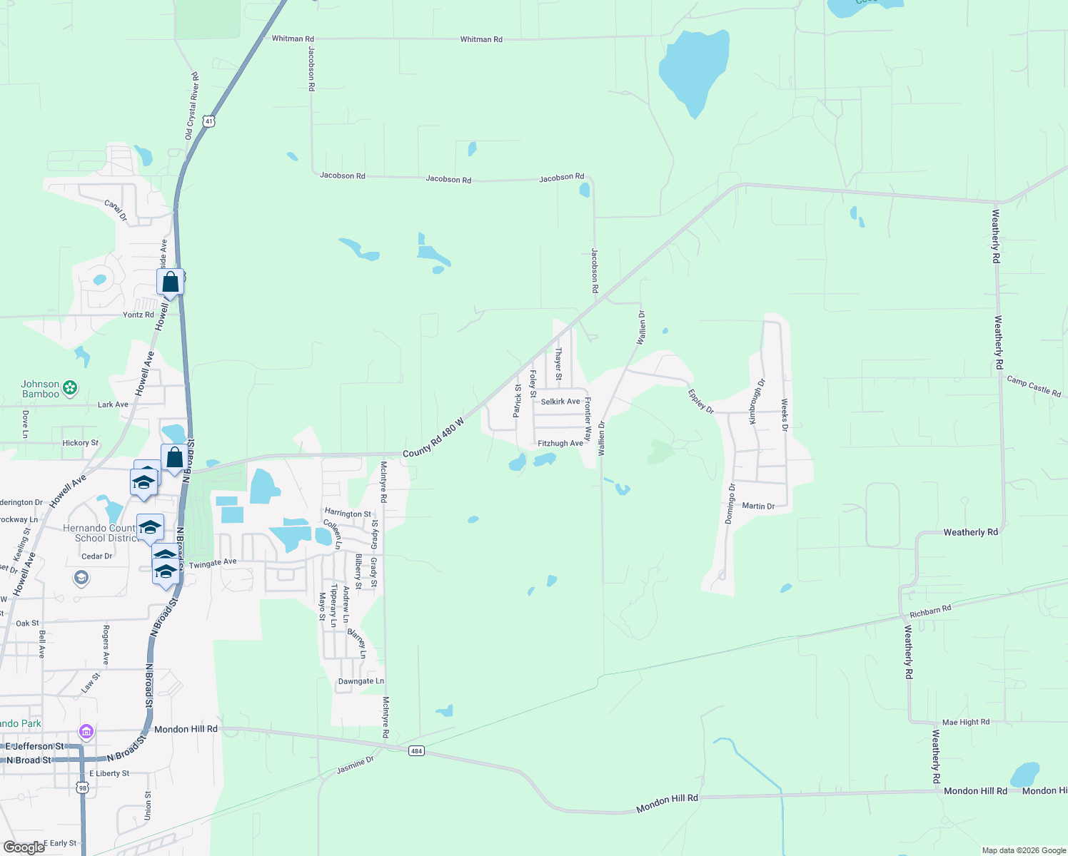map of restaurants, bars, coffee shops, grocery stores, and more near Foreside Avenue in Brooksville