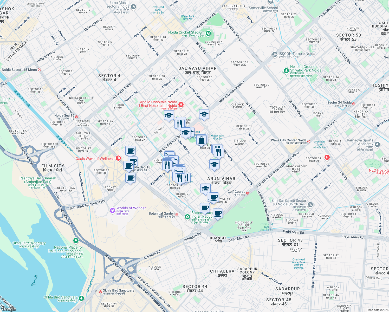 map of restaurants, bars, coffee shops, grocery stores, and more near Chameli Marg in Noida