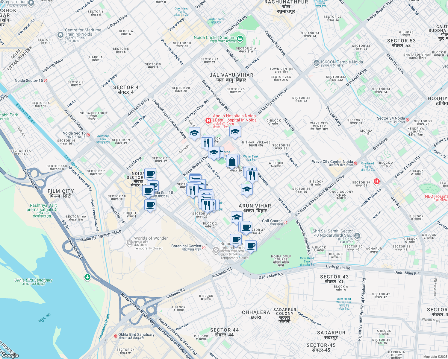 map of restaurants, bars, coffee shops, grocery stores, and more near Chameli Marg in Noida