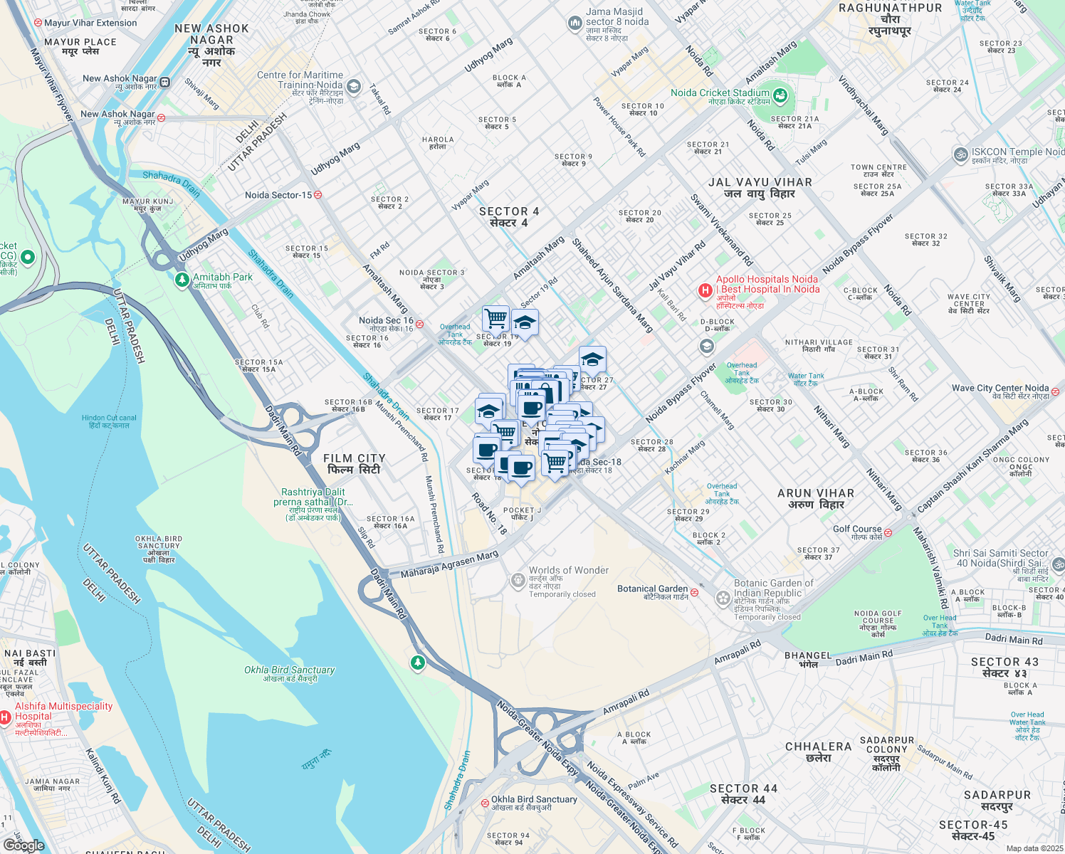 map of restaurants, bars, coffee shops, grocery stores, and more near 22 Captain Vijyant Thapar Marg in Noida