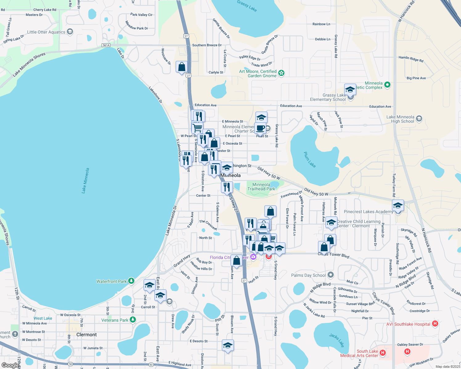 map of restaurants, bars, coffee shops, grocery stores, and more near 510 South Bloxam Avenue in Minneola