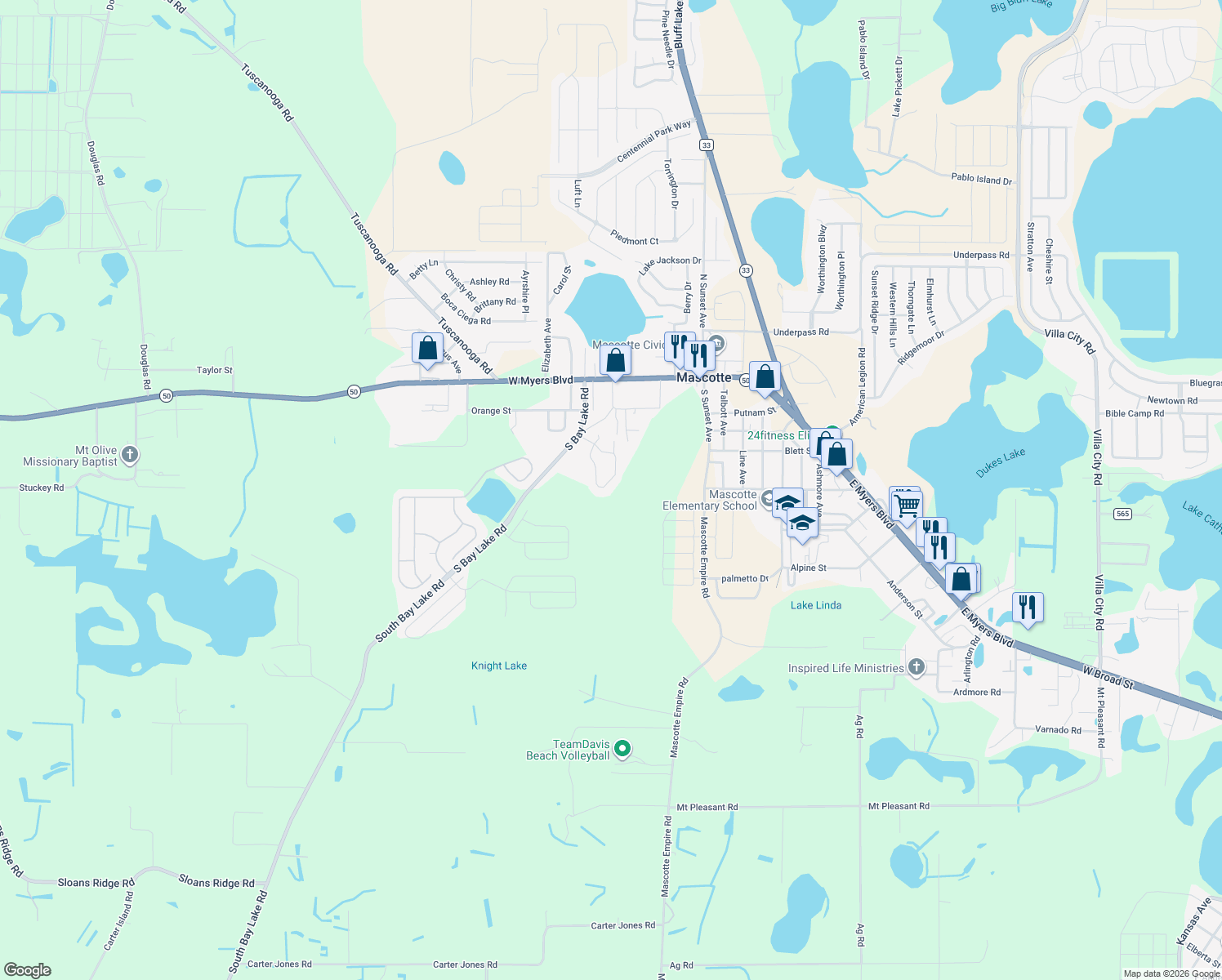 map of restaurants, bars, coffee shops, grocery stores, and more near 28 Bay Ridge Loop in Mascotte