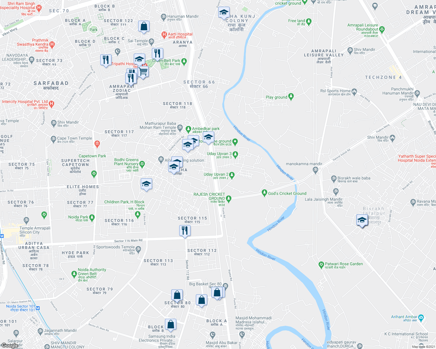 map of restaurants, bars, coffee shops, grocery stores, and more near Pusta Road in New Okhla Industrial Development Area