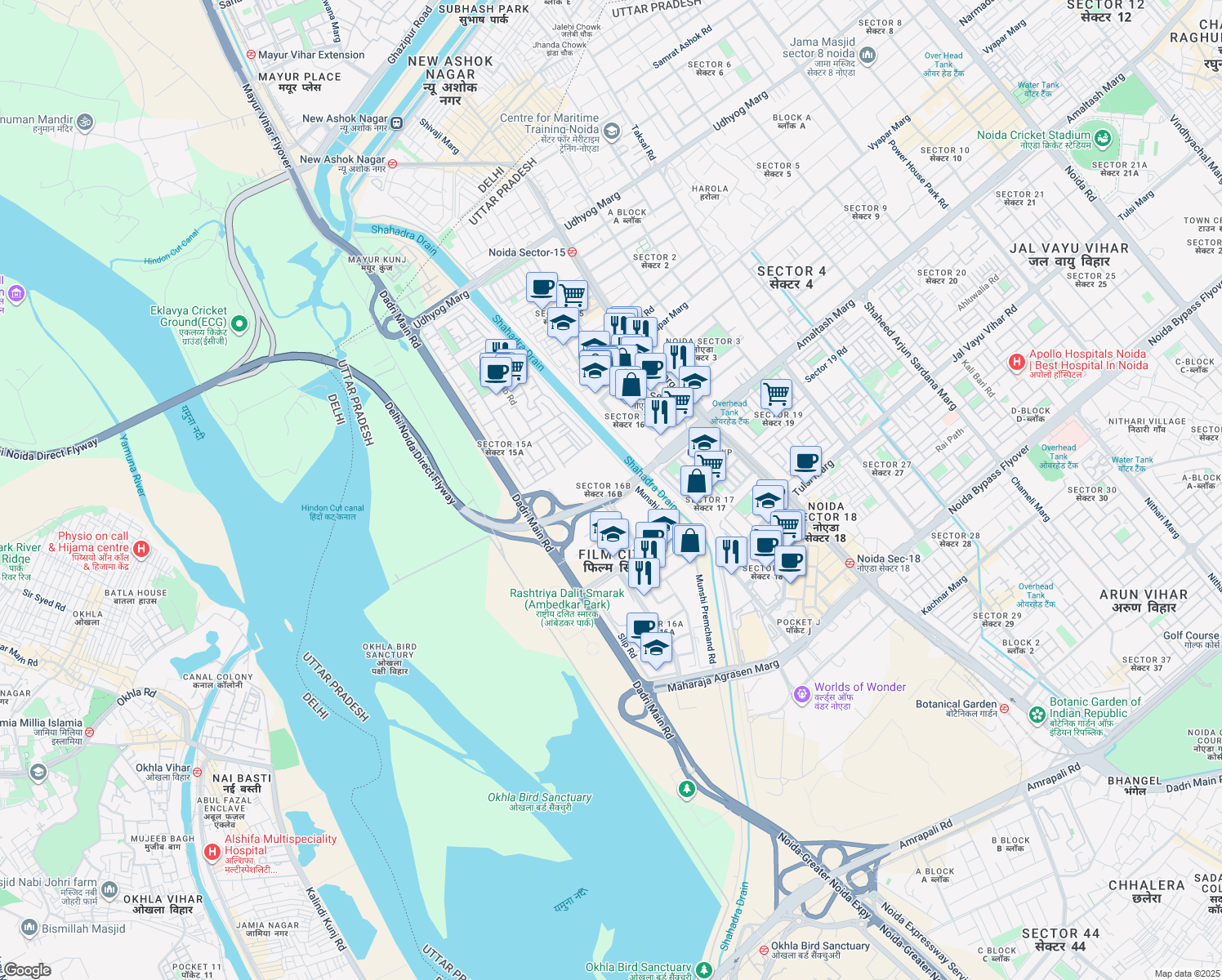 map of restaurants, bars, coffee shops, grocery stores, and more near in Noida