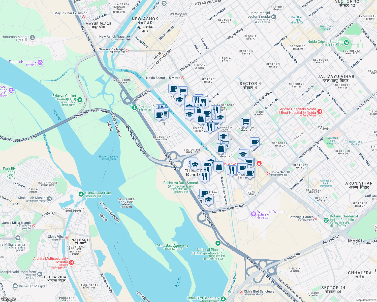 map of restaurants, bars, coffee shops, grocery stores, and more near Delhi Noida Direct Flyway in Noida