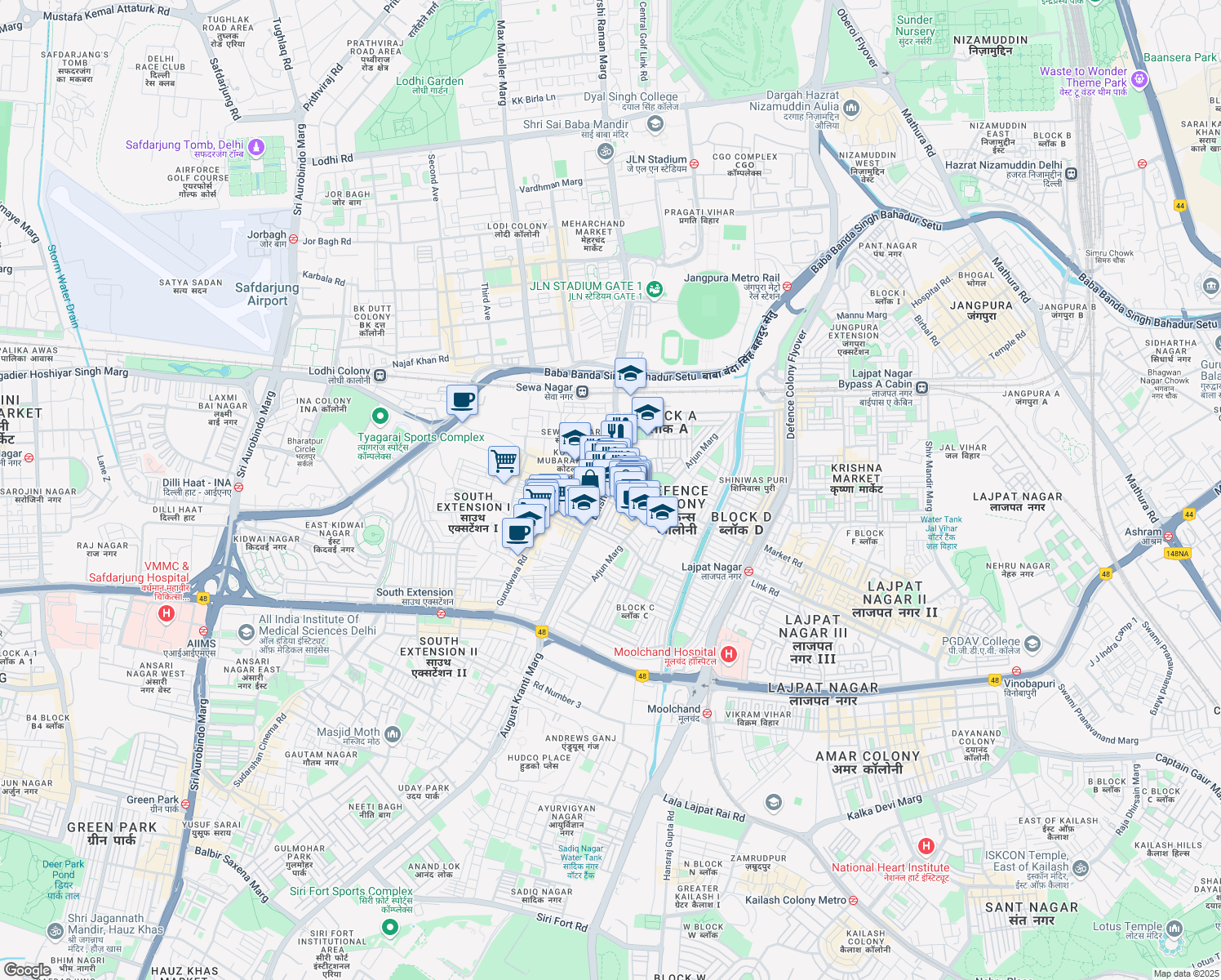 map of restaurants, bars, coffee shops, grocery stores, and more near A-275 Bhishma Pitamah Marg in New Delhi