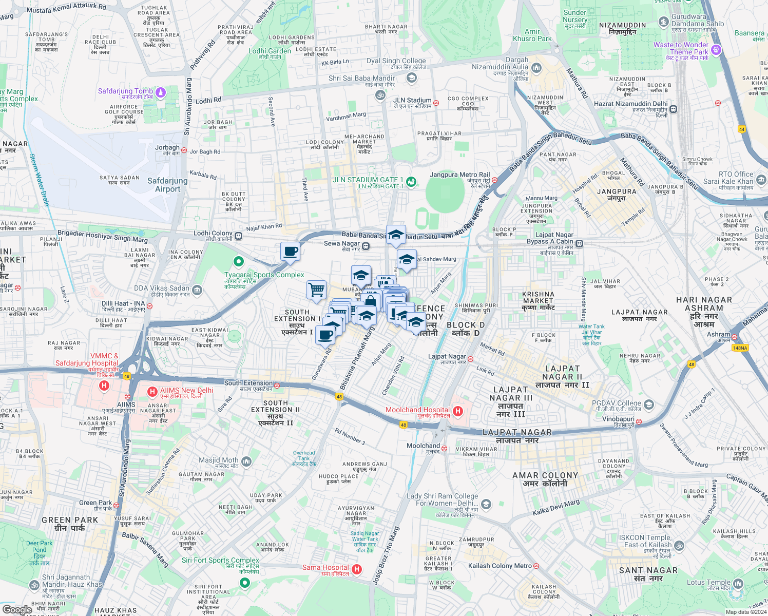 map of restaurants, bars, coffee shops, grocery stores, and more near A-275 Bhishma Pitamah Marg in New Delhi