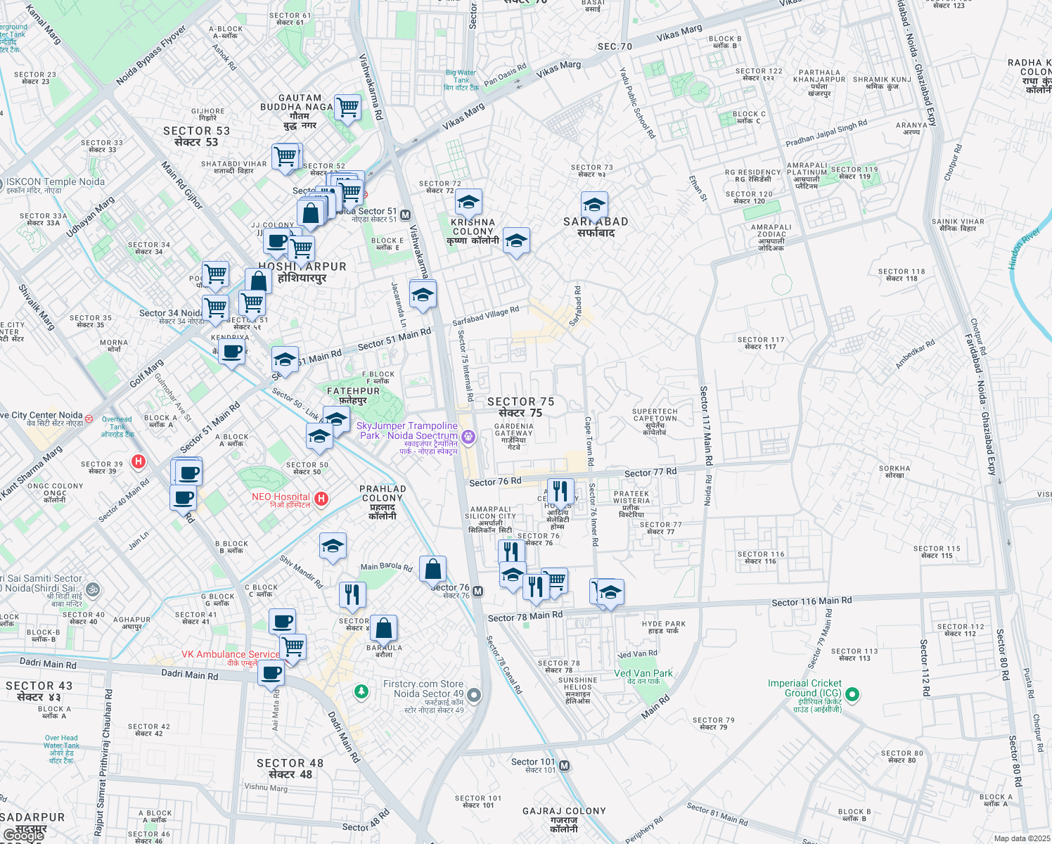 map of restaurants, bars, coffee shops, grocery stores, and more near in Noida