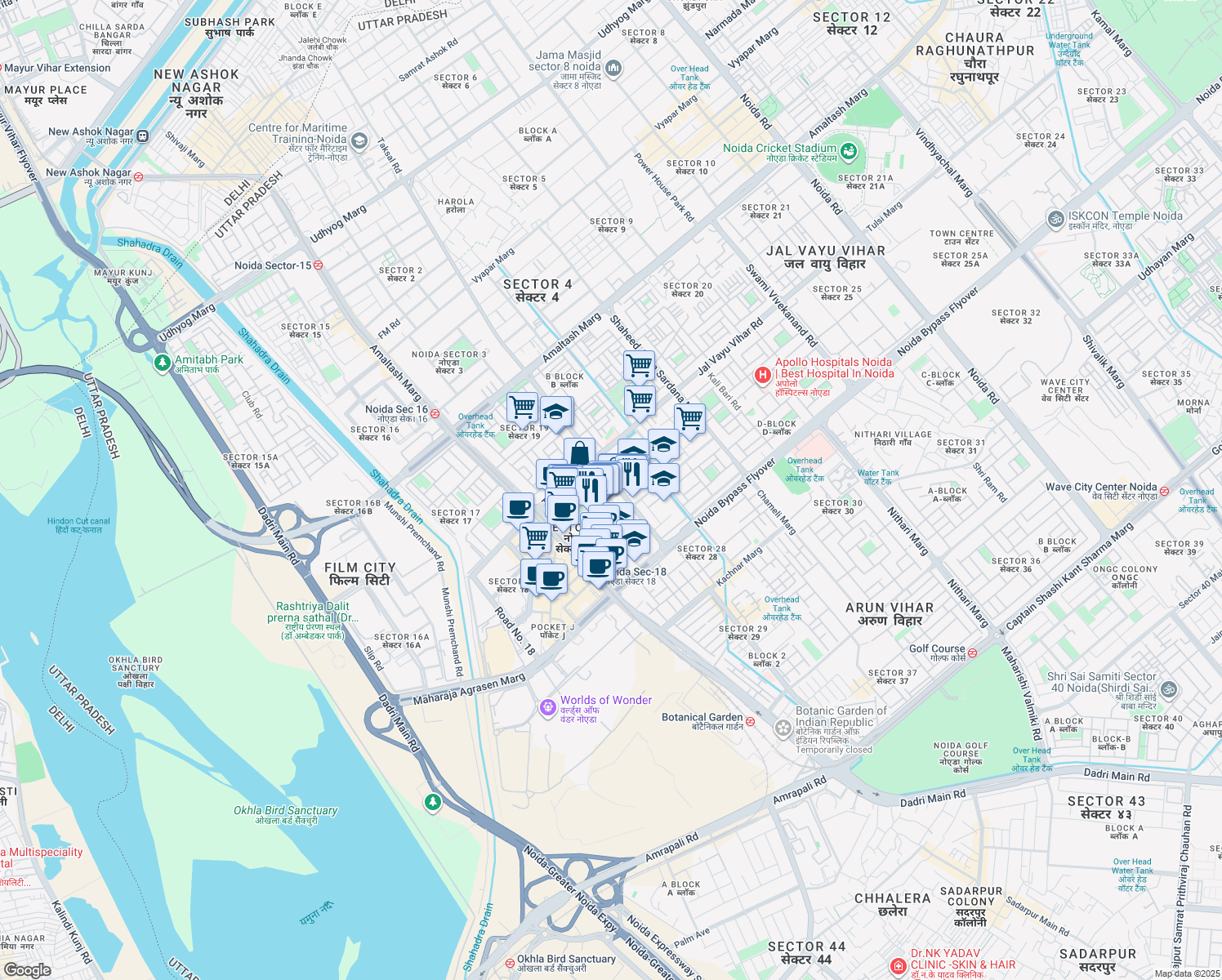 map of restaurants, bars, coffee shops, grocery stores, and more near in Noida