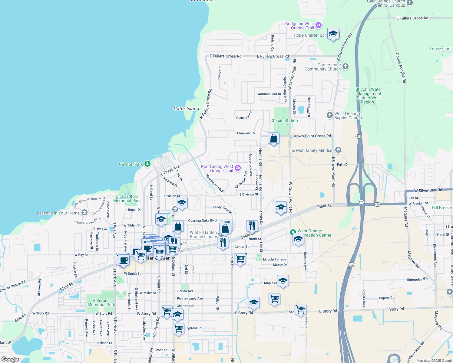 map of restaurants, bars, coffee shops, grocery stores, and more near 444 Newhearth Circle in Winter Garden