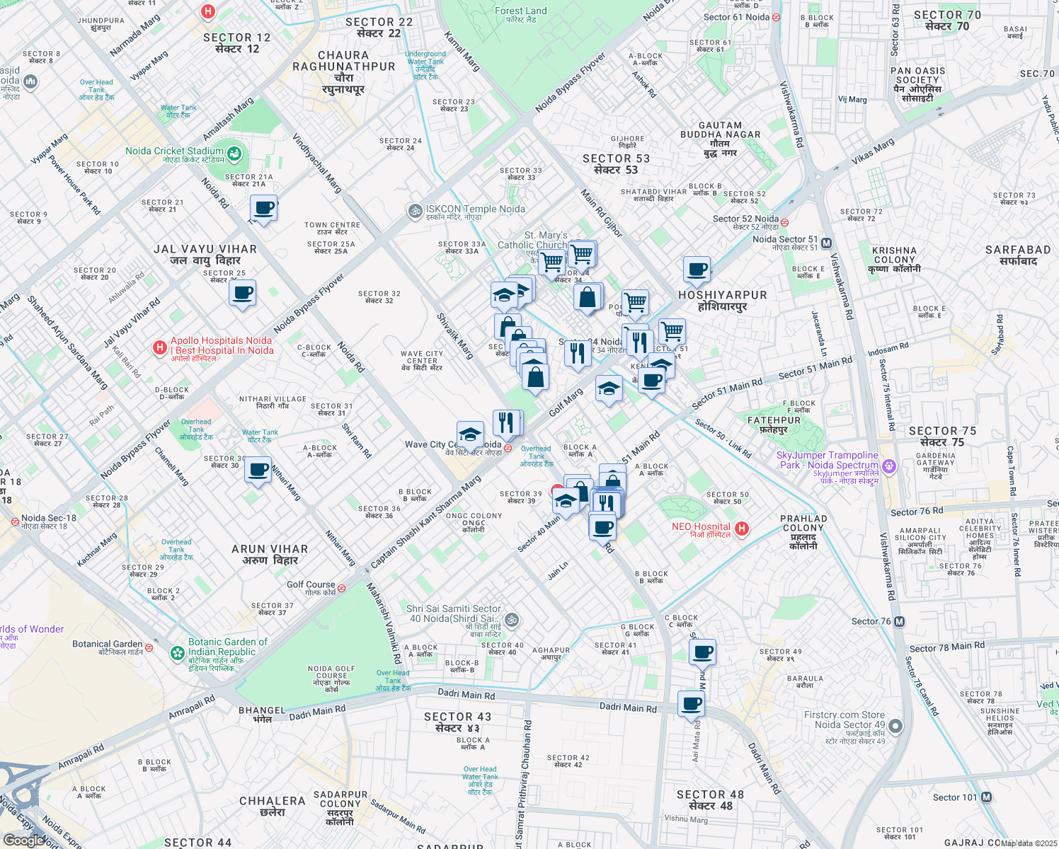 map of restaurants, bars, coffee shops, grocery stores, and more near A 50 Golf Marg in Noida