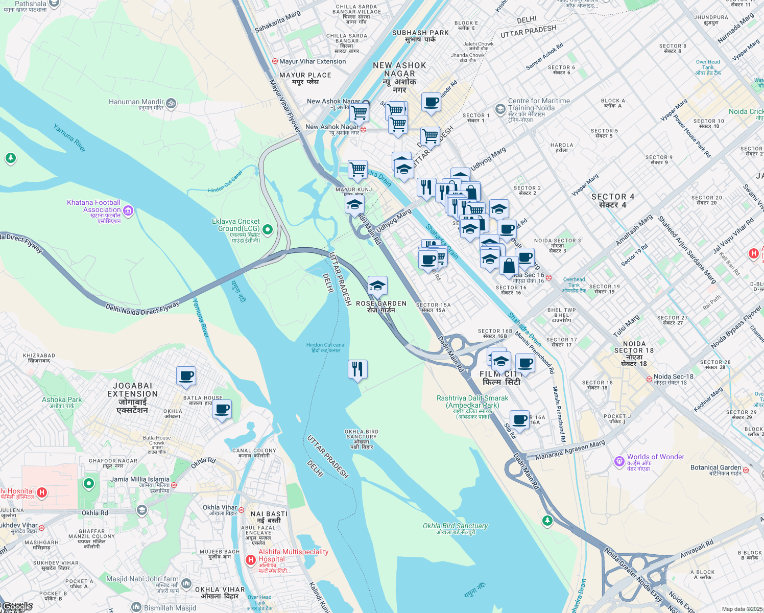 map of restaurants, bars, coffee shops, grocery stores, and more near Delhi Noida Direct Flyway in Noida