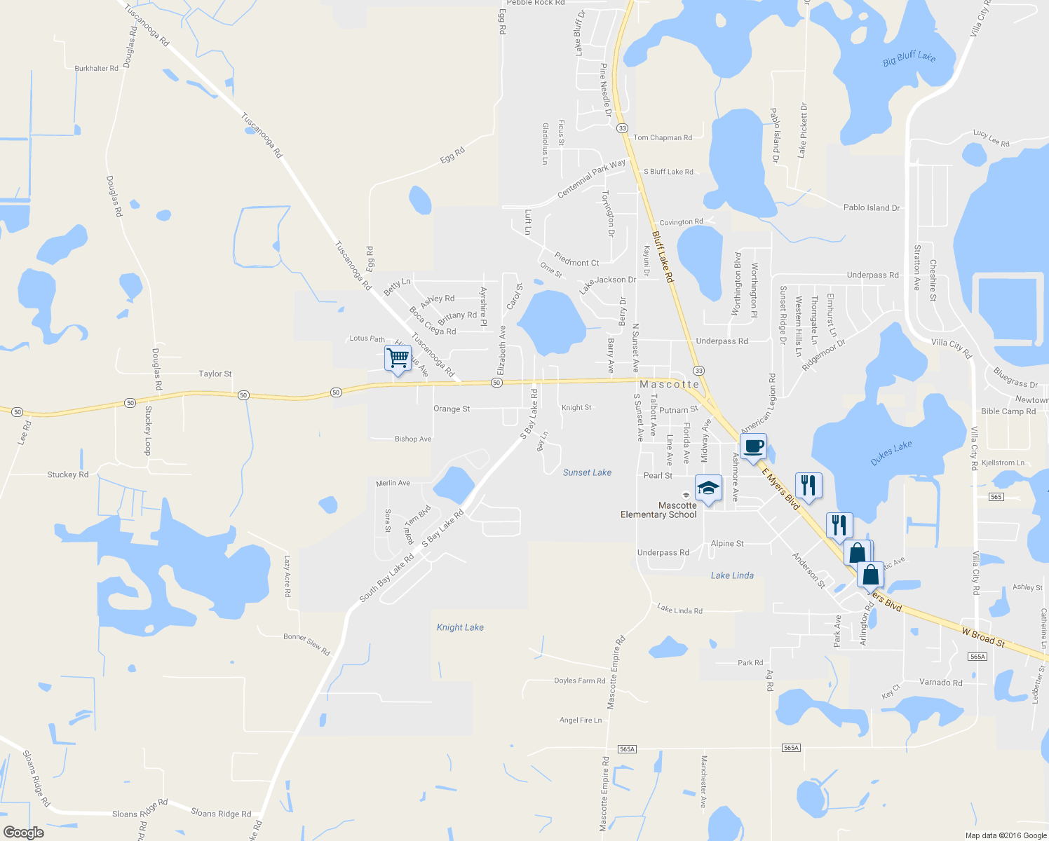 map of restaurants, bars, coffee shops, grocery stores, and more near 124 South Bay Lake Road in Mascotte