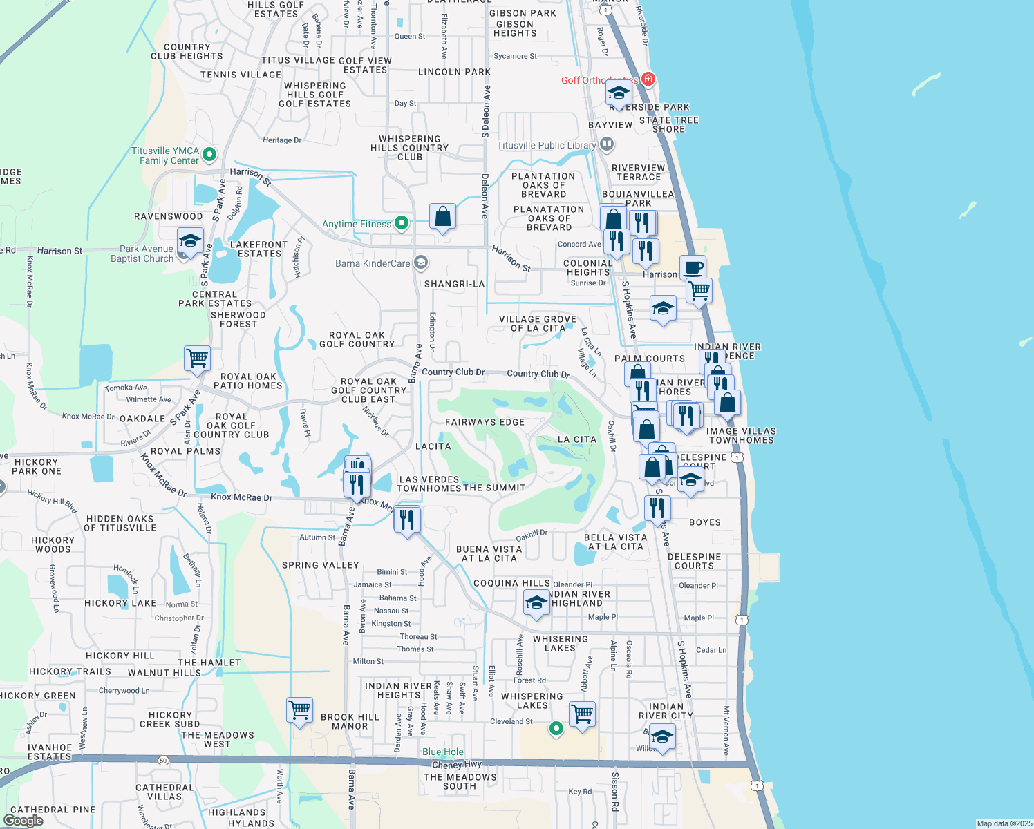 map of restaurants, bars, coffee shops, grocery stores, and more near 784 Florencia Cir in Titusville
