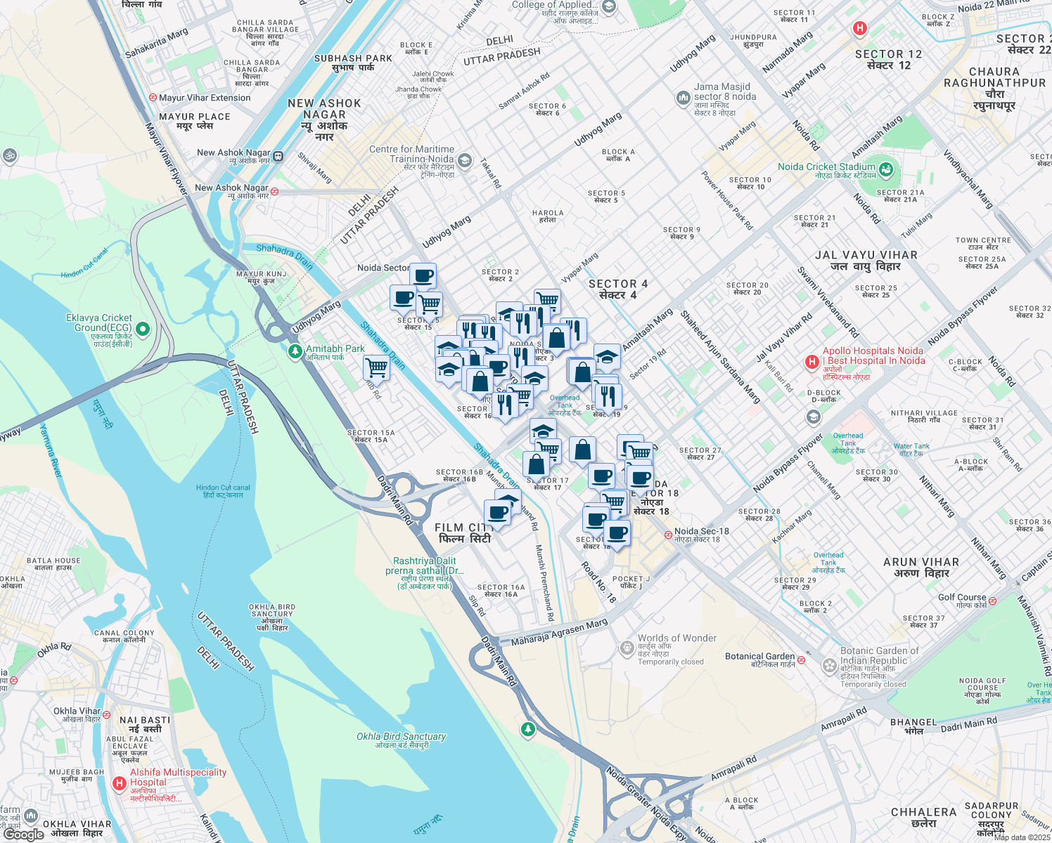 map of restaurants, bars, coffee shops, grocery stores, and more near Delhi Noida Direct Flyway in Noida