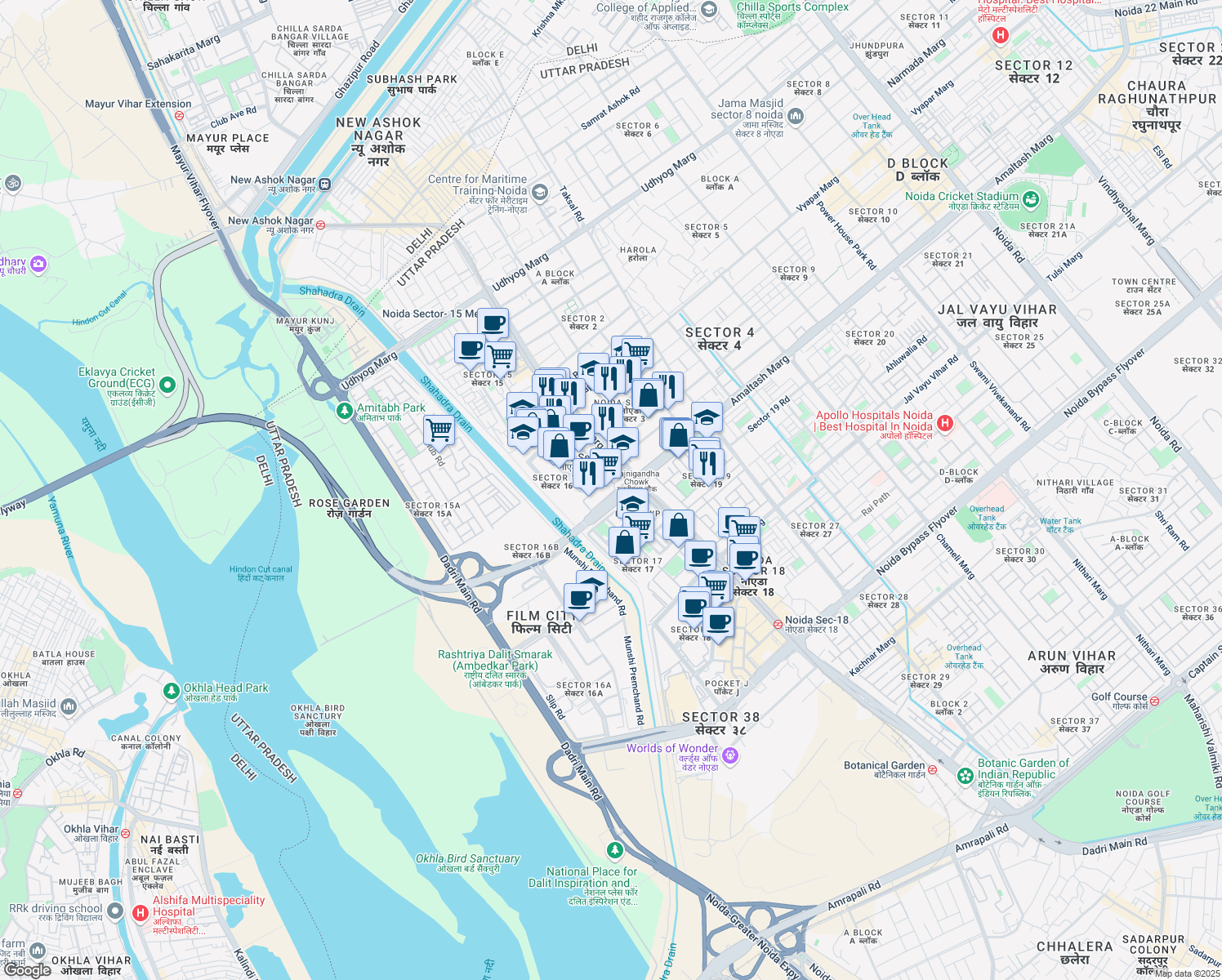 map of restaurants, bars, coffee shops, grocery stores, and more near Delhi Noida Direct Flyway in Noida