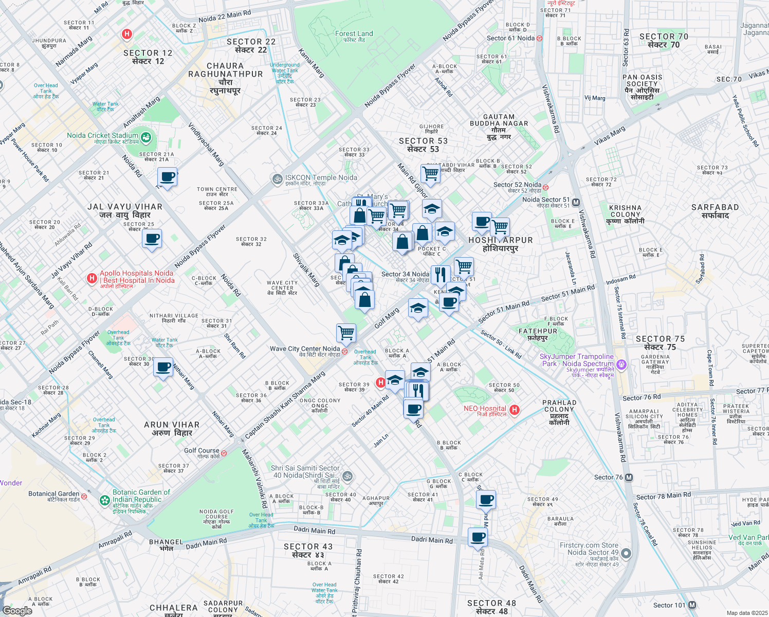 map of restaurants, bars, coffee shops, grocery stores, and more near A 50 Golf Marg in Noida