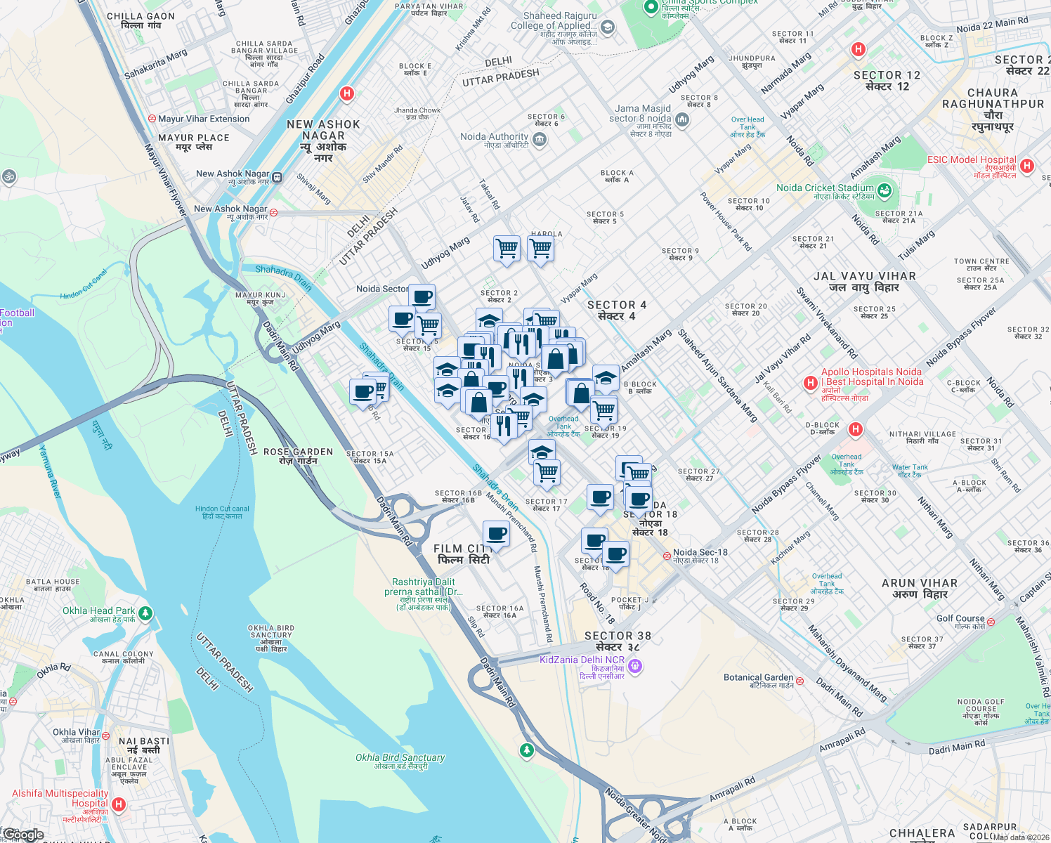 map of restaurants, bars, coffee shops, grocery stores, and more near B-23 Captain Vijyant Thapar Marg in Noida