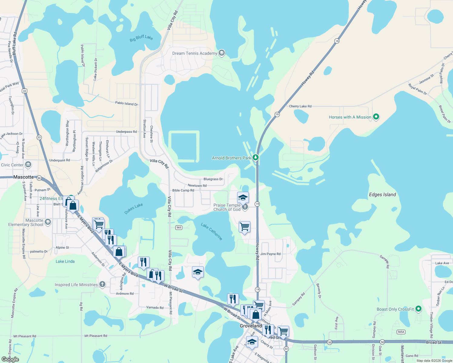 map of restaurants, bars, coffee shops, grocery stores, and more near 2100 Newtown Road in Groveland