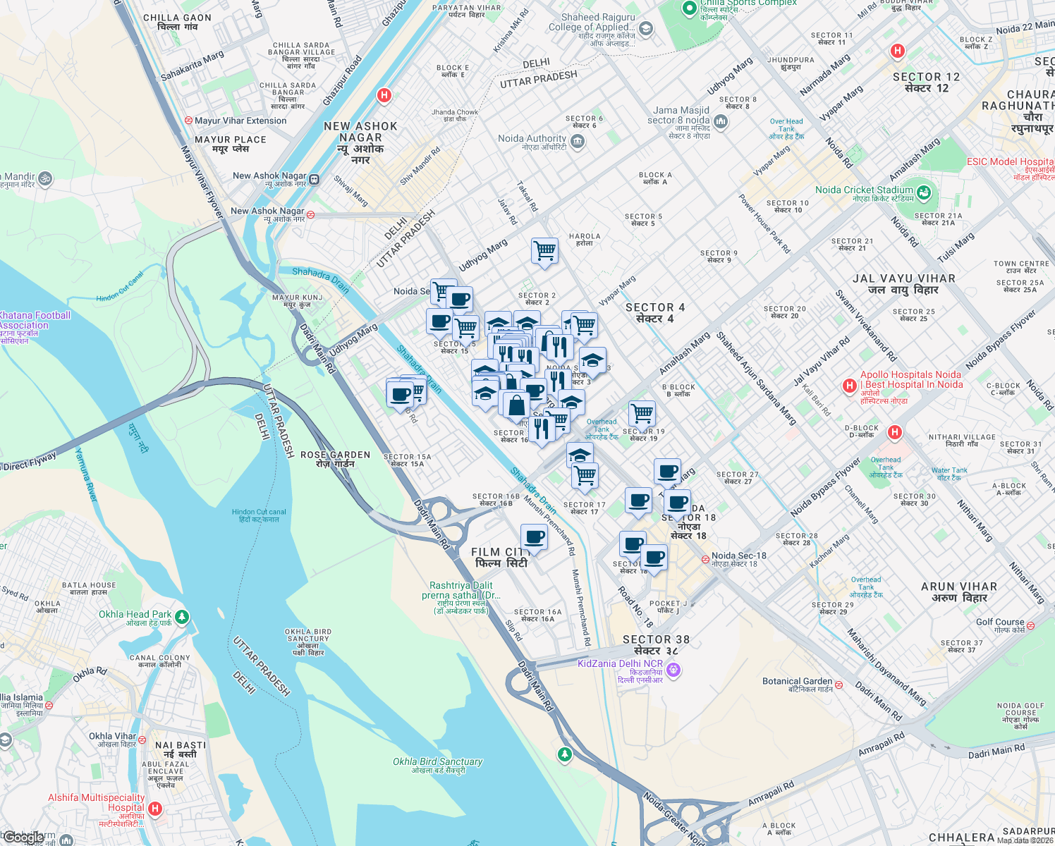 map of restaurants, bars, coffee shops, grocery stores, and more near in Noida