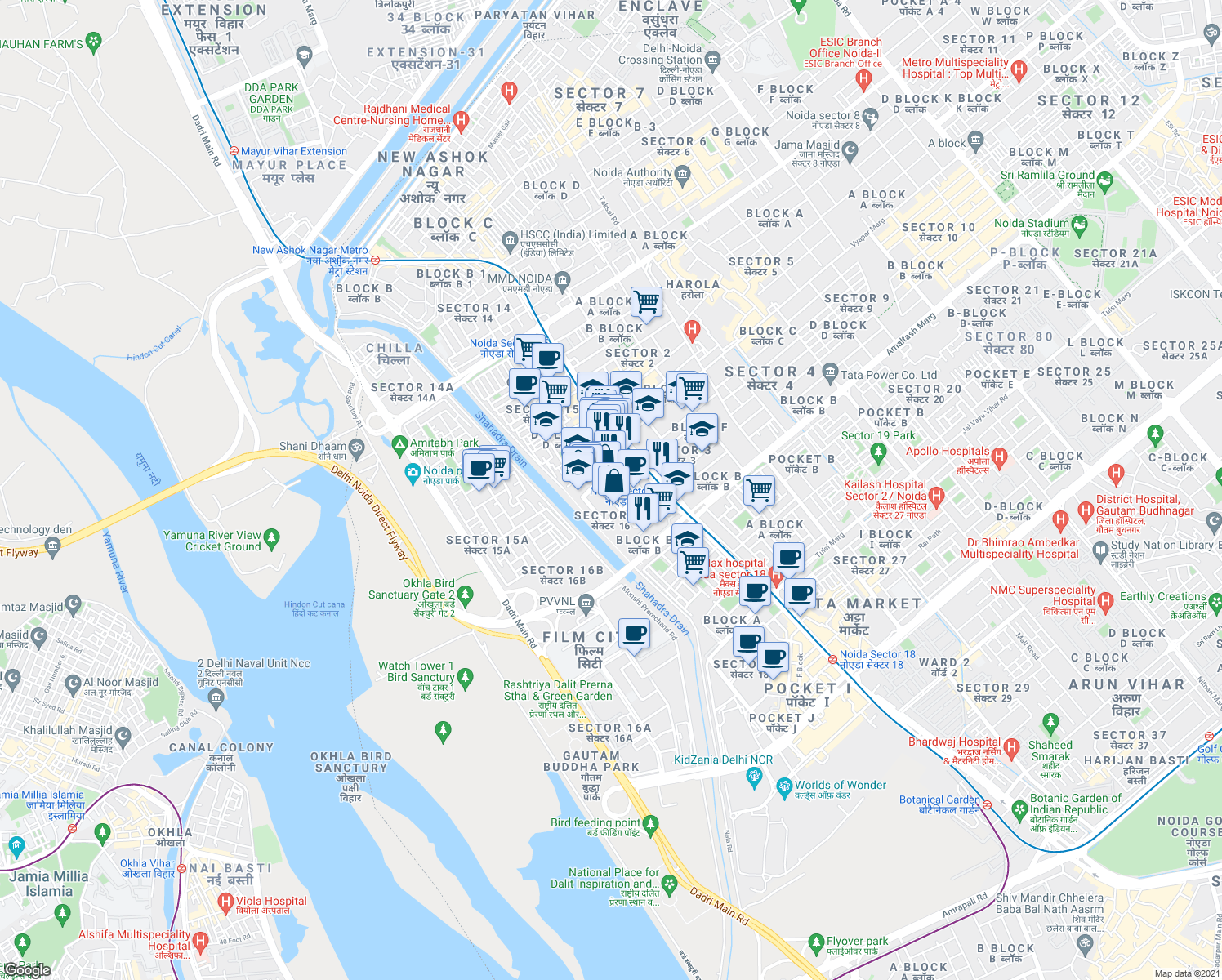 map of restaurants, bars, coffee shops, grocery stores, and more near in Faridabad