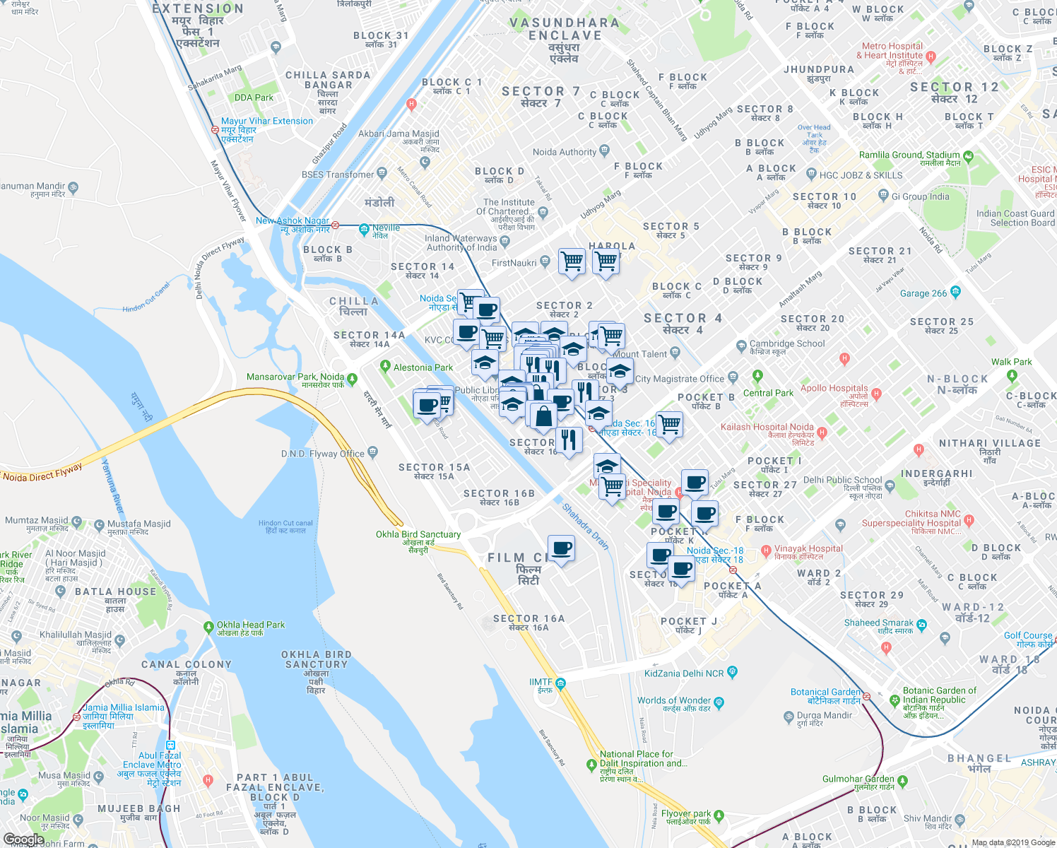 map of restaurants, bars, coffee shops, grocery stores, and more near 1 Delhi Noida Direct Flyway in Noida