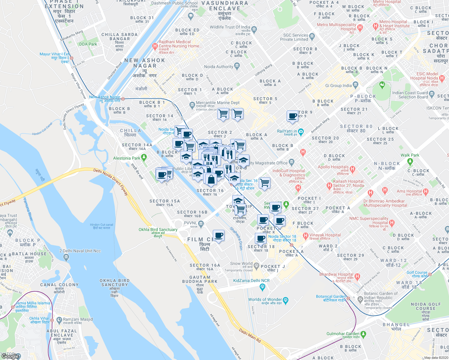 map of restaurants, bars, coffee shops, grocery stores, and more near in Noida