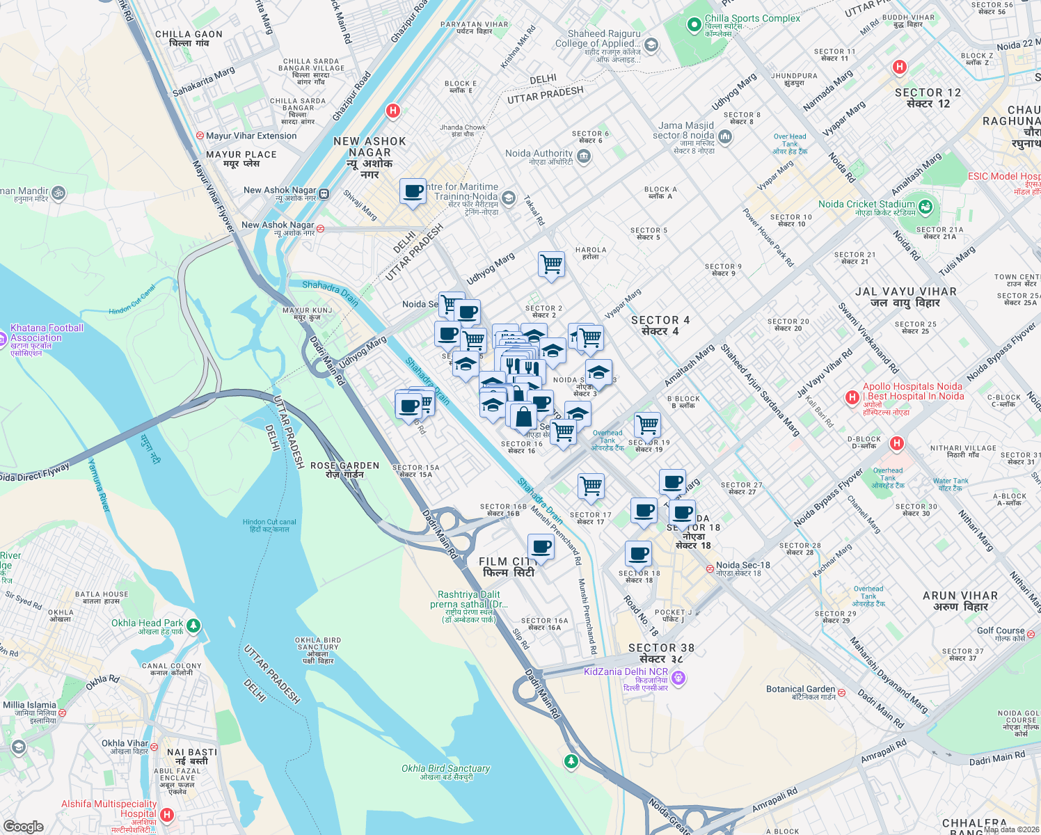 map of restaurants, bars, coffee shops, grocery stores, and more near in Noida