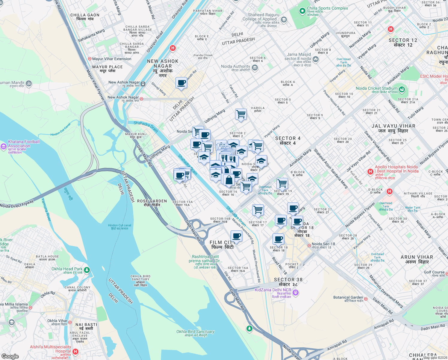 map of restaurants, bars, coffee shops, grocery stores, and more near in Noida