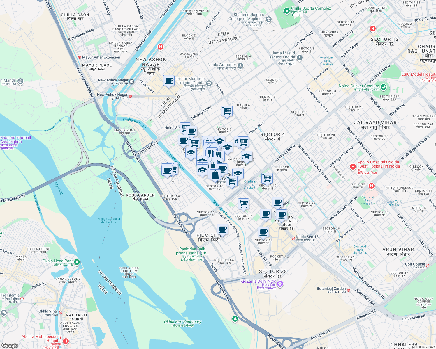 map of restaurants, bars, coffee shops, grocery stores, and more near in Noida