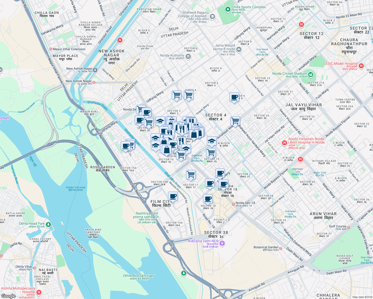 map of restaurants, bars, coffee shops, grocery stores, and more near in Noida