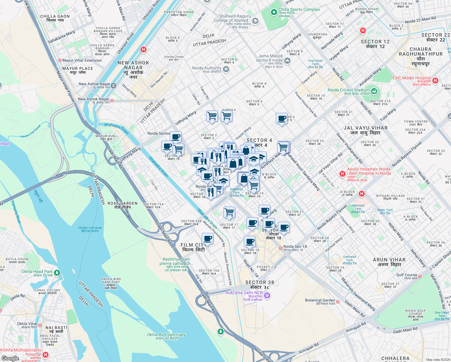map of restaurants, bars, coffee shops, grocery stores, and more near in Noida